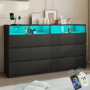 Vipbear - 6-Drawer Double Dresser with Power Outlet & LED Lights, Wide Storage Chest with Open Shelving - Black