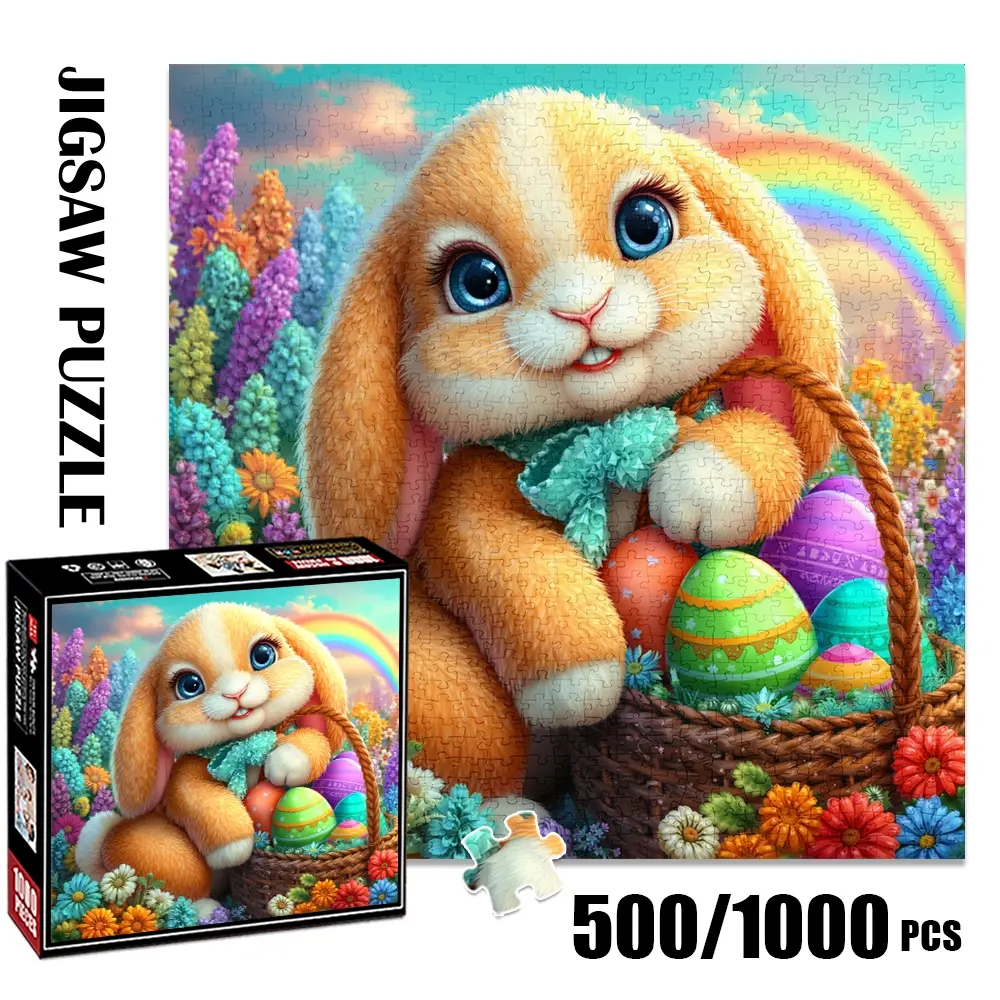 1pc 1000 piece adult puzzle 58x58cm Easter Bunny with Basket of Colored Eggs and Rainbow500 pieces paper jigsaw puzzle suitable for DIY creative games for adults and families, birthday and holiday s