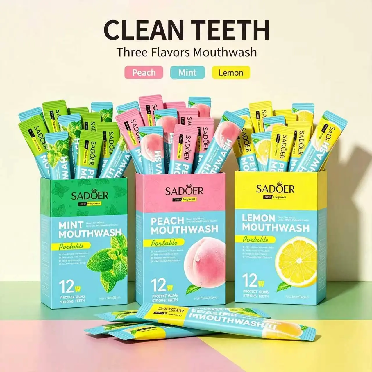 （60PCS）3 Flavors Mouthwash, Alcohol Free Mouth Wash for Adults, TSA Approved Travel Mouthwash, Bulk Mouthwash for Fresh Breath, Fluoride Free, Mint, Peach & Lemon Flavors, Portable Oral Care (0.34 Fl Oz, Pack of 20)