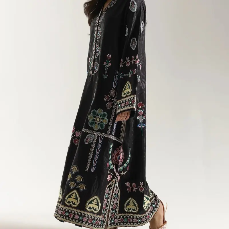 Women's Islamic Luxury Kaftan - Fully Embroidered, Mirror-Work Pakistani Traditional Dress with Intricate Patterns, Sparkly Embellishments, Long-Sleeve, Fits Lady (Modest Fashion)