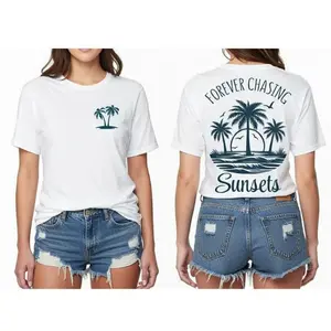 Forever Chasing Sunsets Palm Tree Beach Sunset Print Shirt Womens Summer Beach Vacation Graphic Tee Soft Cotton Top for Travel Weekendwhite,M