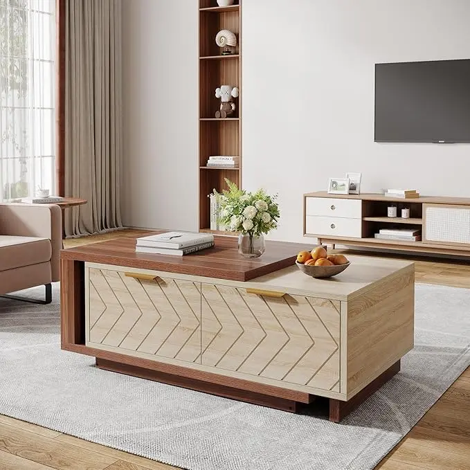 Tribesigns Extendable Coffee Table, 42"-65" Length Adjustable Reversible Wood Coffee Table with 2 Storage Drawers for Living Room, Large Long Rectangular Dual-Tone Center Table, Walnut & Oak