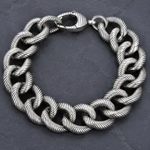 925 Sterling Silver Cuban Link Bracelet for Men Oxidized Heavy Chunky Curb Chain Bracelet Twisted Rope Textured Punk Gothic Wristband Gift for Him engagement anniversary party jewelry gift