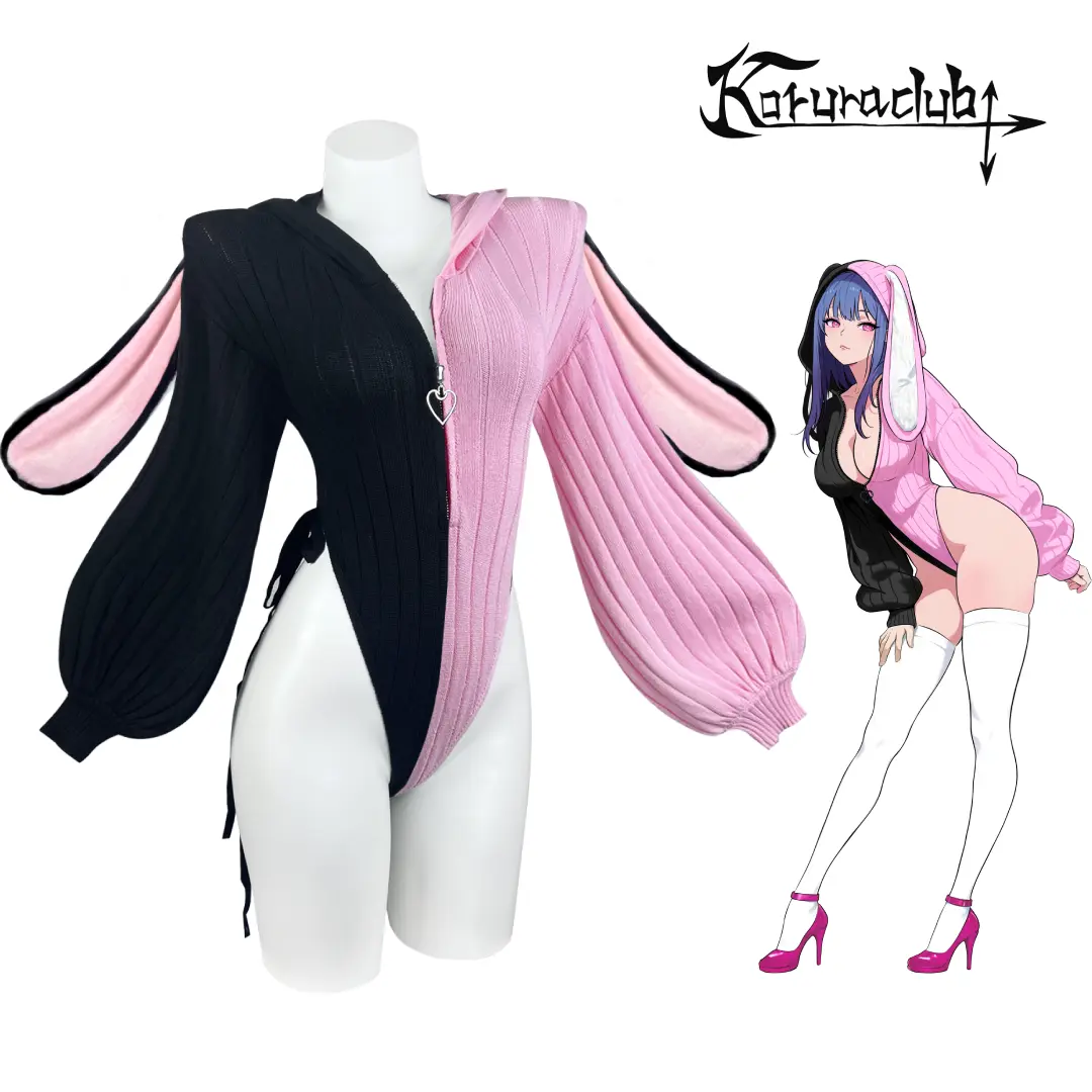 KORURACLUB Cute Bunny Knit Jumpsuit with Fuzzy Rabbit Ears, Soft Cozy Women’s Cosplay Outfit