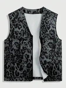 Men's Leopard Print Pocket Vest Blazer Gilet, Regular Fit Casual Sleeveless Outerwear for Daily Wear, Fashion Men's Clothes for All Seasons, Tops