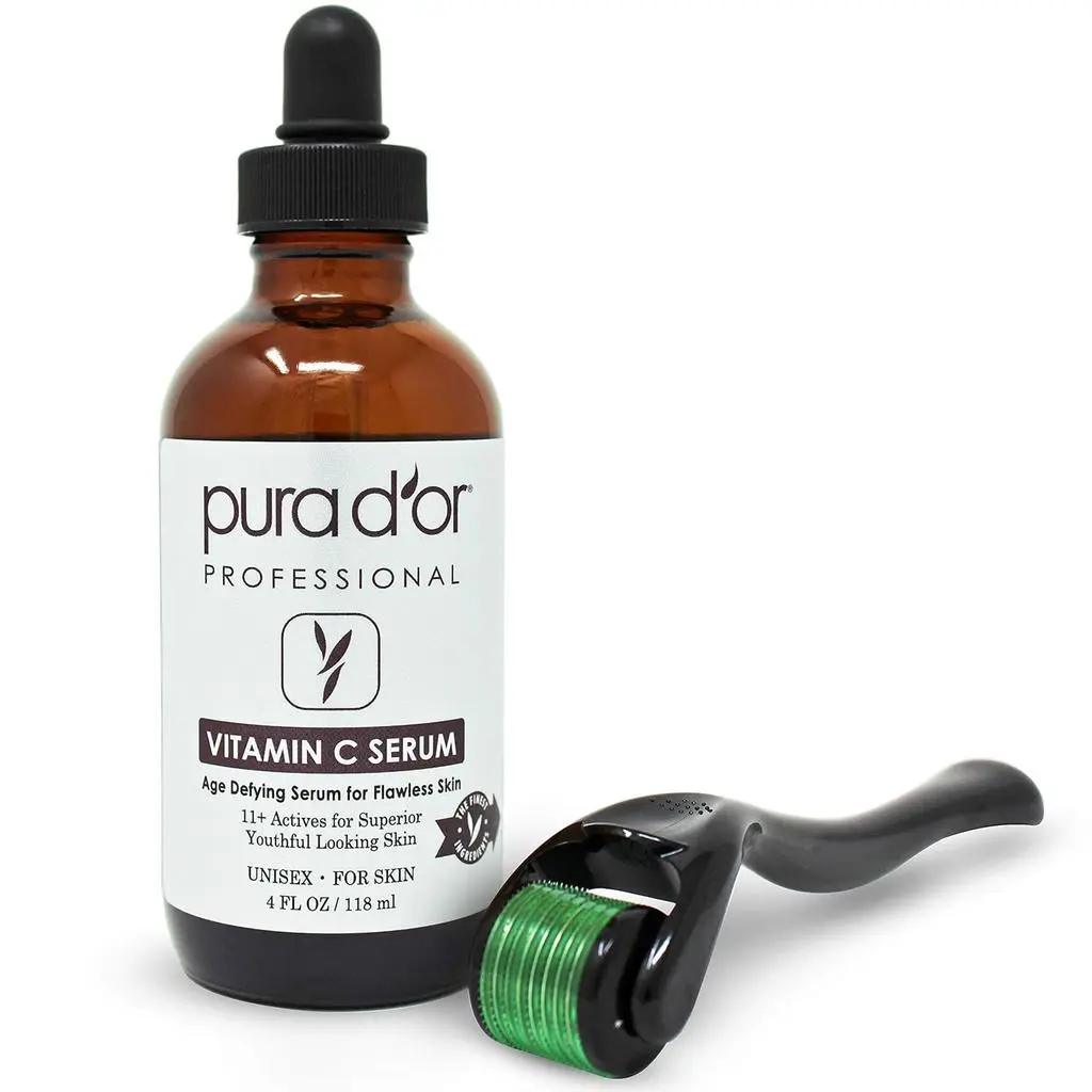 PURA D'OR 25% Vitamin C Serum with Derma Roller 4oz (118ml) – Brightening Face Serum with Hyaluronic Acid, Retinol & Ferulic Acid for Dark Spots, Acne Scars, Wrinkles, Glowing Skin & Microneedling Care
