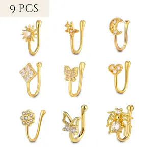 Viral 9PCS Gold Ear Cuff Set Sun Moon Spider Heart Hoop Earrings Diamond-Studded Stackable Ear Cuffs, Trendy Boho Jewelry for Daily/Party