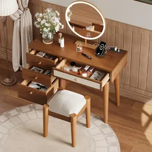 39" Retro Bohemian Wooden Led Vanity Table with Charging Plug, USB Port, Stool, 3 Storage Drawers and 1 Rectangular Rattan Drawer – Makeup Dresser
