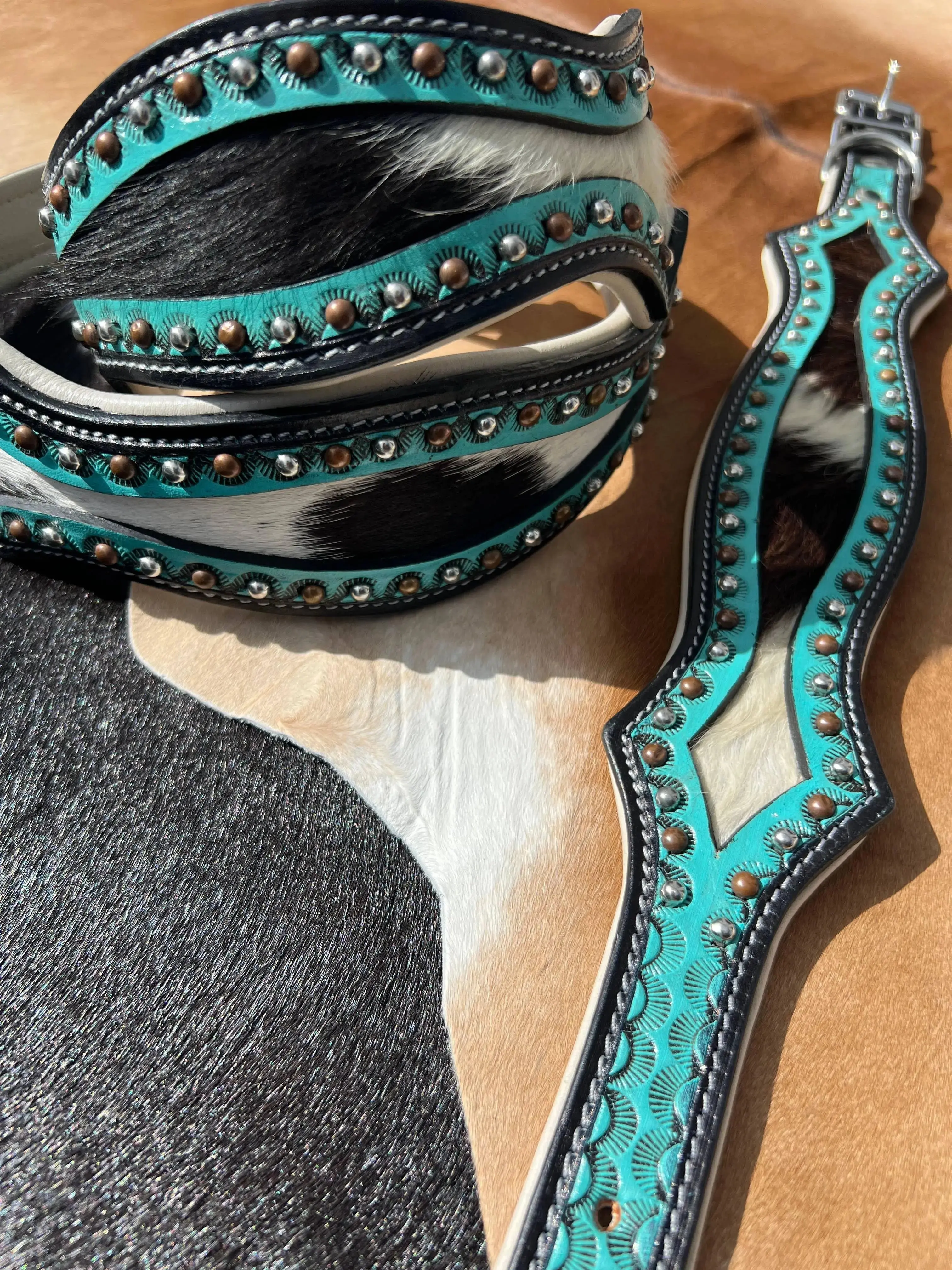 Western Hair On Cowhide Scalloped Turquoise Dog Collar
