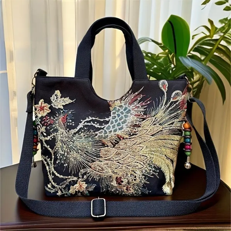 Aesthetic Canvas Shoulder Bag for Women, Elegant Peacock Embroidered Tote, Casual Everyday Design Purse, Aesthetic Shoulder Bag, Design Handbag, Elegant Bag
