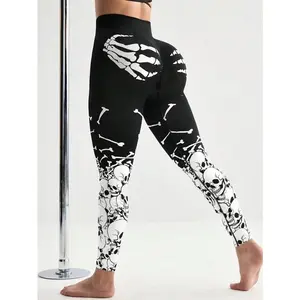 Halloween Skeleton Leggings, Spooky Skeleton Design, Comfortable Stretch Fabric, Perfect for Halloween Parties, Casual Wear, Fitness, Plus Sizes Available
