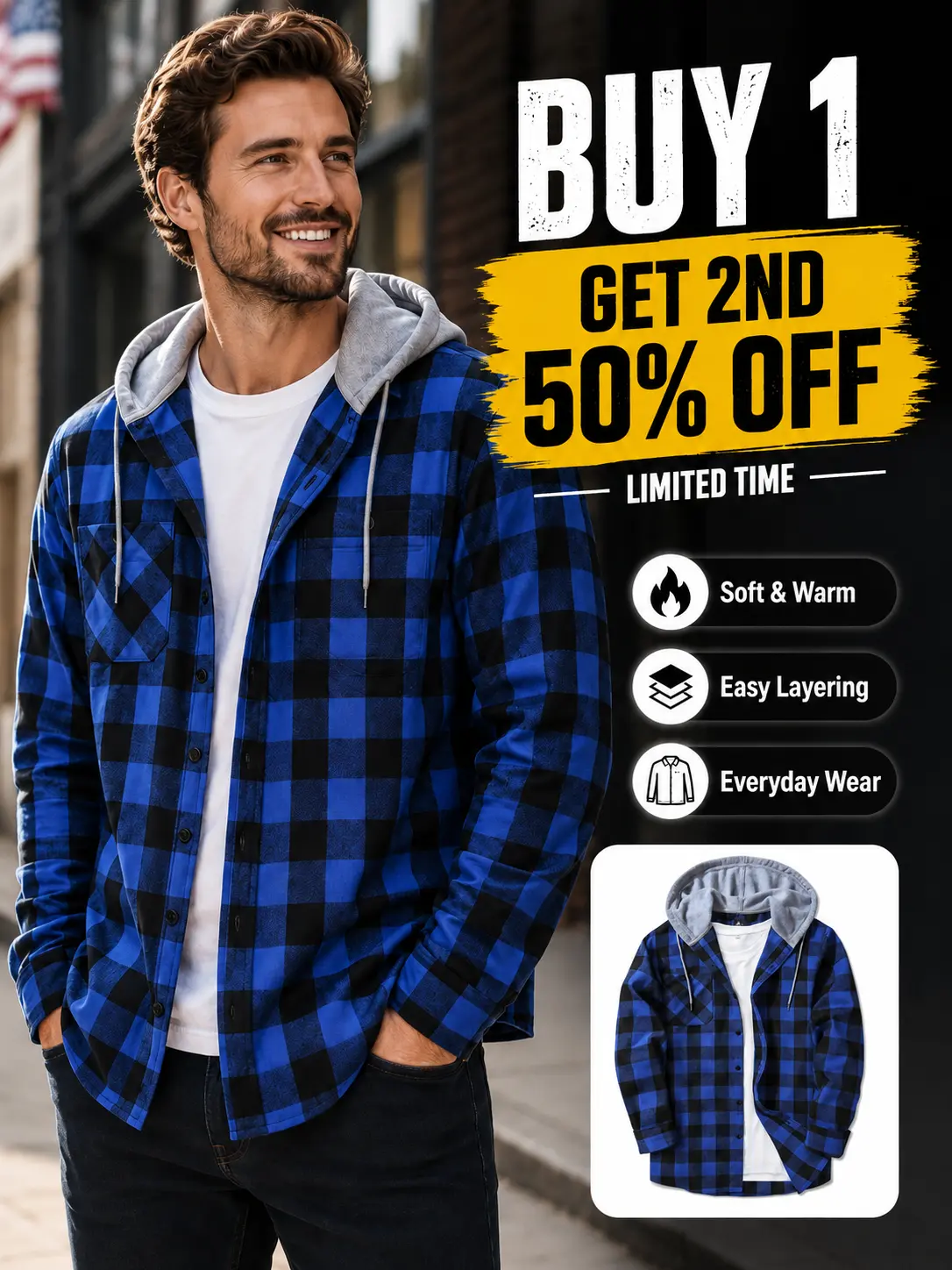 ZITY [BUY 1, Buy one, get the second half price] Men’s Hooded Plaid Flannel Shirt Jacket, Casual Long Sleeve Button Down, Multiple Colors