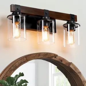 Farmhouse Bathroom Vanity Light, 3-Light Industrial Painted Wood Wall Sconce, E26 Base, Vintage Black Bathroom Lighting with Clear Glass Shade