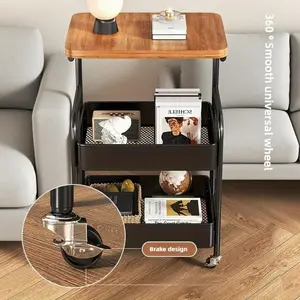 Portable Three-Tier Rolling Cart with Desktop, Smooth Wheel Bedroom Snack Rack, Sofa Side Table, Durable Carbon Steel Frame, Home Office Storage Organiser