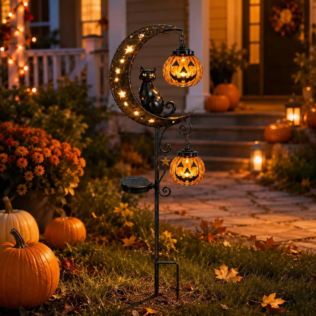 Solar Halloween Garden Stake Light, Black Cat Pumpkin Moon Decor, Waterproof LED Outdoor Light for Yard Patio Lawn Halloween Decoration
