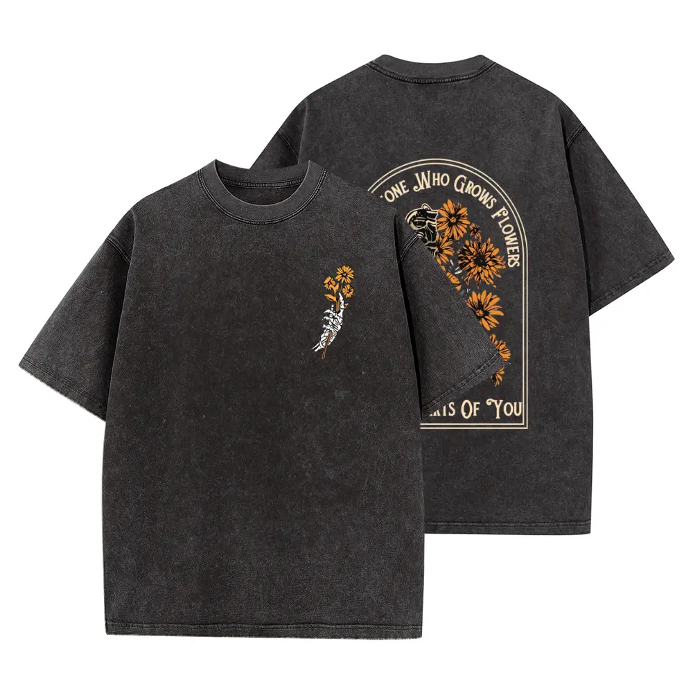 Men's Bold Sunflower Art 'Grows Flowers' Graphic T-Shirt - Vintage Washed, Acid-Washed Aesthetic, Baggy Short-Sleeve Crewneck Cotton Knit Top with Casual Fit, Print Detail for Streetwear, Jeans, Sneakers
