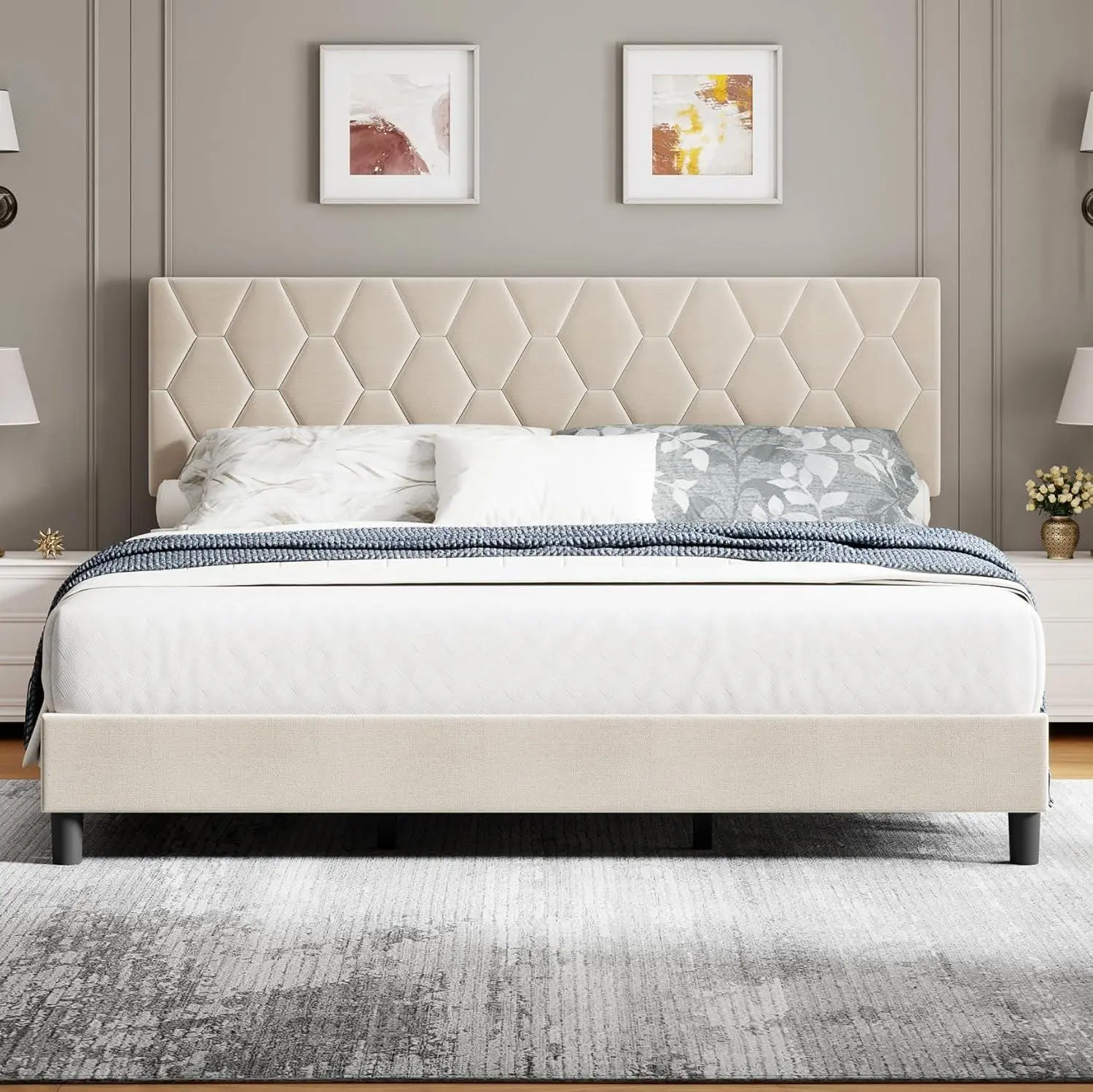 Gaomon Minimalist Heavy-Duty Upholstered Headboard Bed Frame, 400 lbs Capacity, 8-12 in Mattress Fit, Wooden Slat Support, No Box Spring Needed, Noise-Free Foundation, Easy Setup & Assembly, Beige Bedroom Furniture Headboard