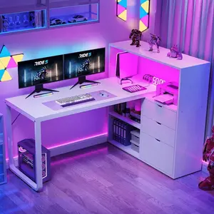 55" White L Shaped Desk With Drawers, Corner Computer Desk Nail Art Table With Power Outlets And LED Lights, Office Desk With Storage Shelves And Bookshelf For Home Office