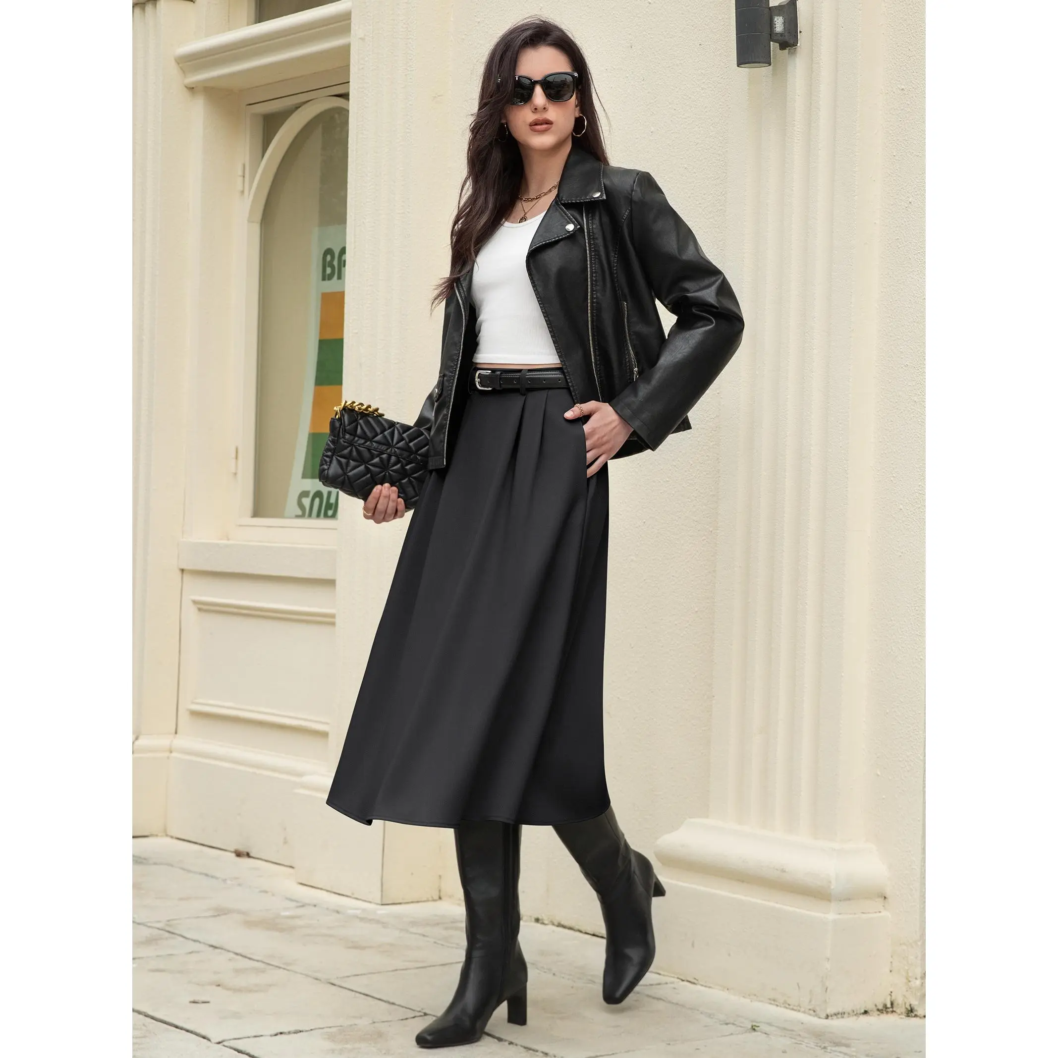 Women's High-Waisted Smart-Fit Flared A-Line Midi Skirt - Dressy Feminine Laminated Bottom, Draped Soft Breathable Fabric, Functional Pockets, Elegant Pleats, Practical Side Slit, Smart Casual Office-Ready Slit Skirt, Flared Skirt, Slit Skirts