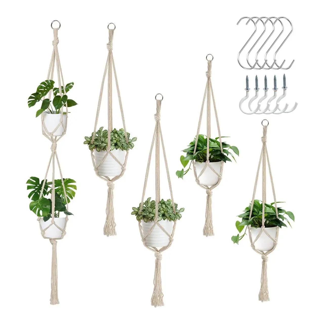 Gardening Plant Hanging Basket, 5 Counts/set Hanging Plant Stand Holder with 10 Hooks, Macrame Plant Hangers for Room Decor, Hanging Plants Flower Pots Holder for Home Decor, Room Accessories, Garden Supplies, Patio