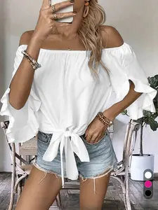 2026 Spring Summer Women's Feminine Style Off Shoulder Blouse, Ruffle Split Sleeve Tie Knot Front Casual Top, Elastic Neckline Loose Fit Shirt for Beach & Daily