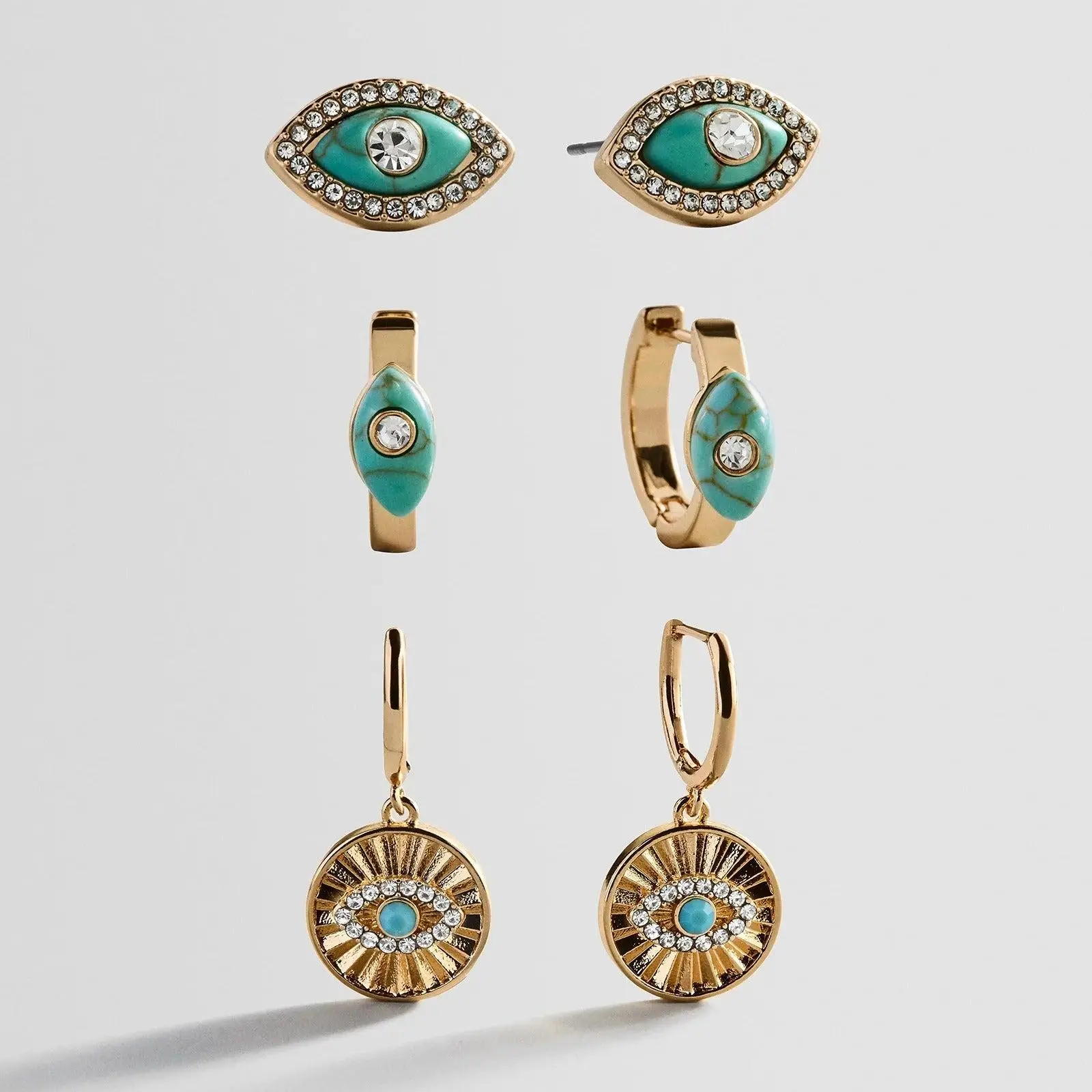 Vibrant Evil Eye Stud Earring Set - Gold-Turquoise Costume Jewelry Accessories, Easy to Match for Daily Wear