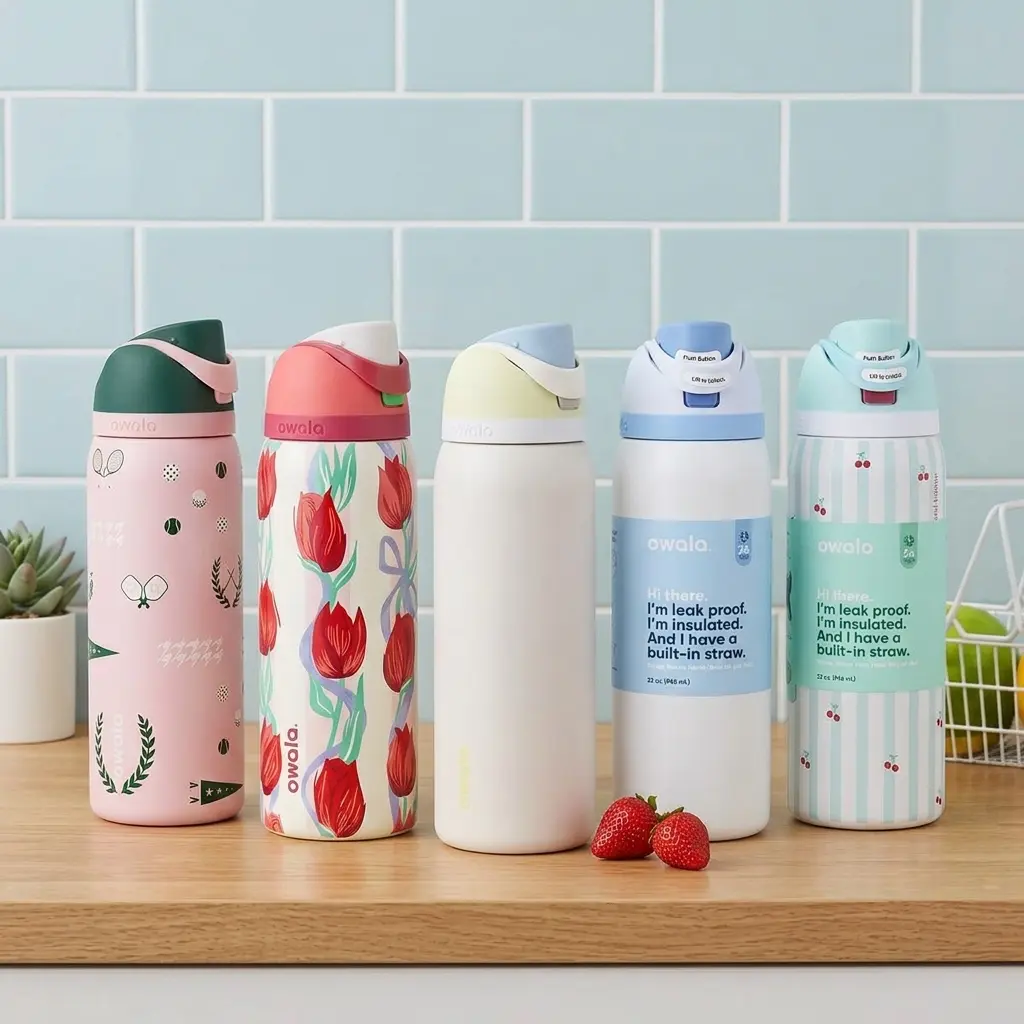 32 Oz Owala FreeSip Insulated Stainless Steel Water Bottle, Built-in Straw, Flip-Top Lid, Wide Mouth Opening,Pillow Fight, Tulip Bouquet, Weekender, Blue Bow Designs, BPA Free, Leak Proof
