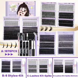 DIY Lash Extension Kit A:1676Pcs D Curl Individual Spike Manga Lash Clusters Kit with Bottom Lashes, Lash Bond and Seal, Remover Tweezers Brush/B:Lash+Bond&SEAL+Brush+Tweezer/C:Lash+Bond&SEAL+Brush+Tweezer/D:Lash+Bond&SEAL+Brush+Tweezer