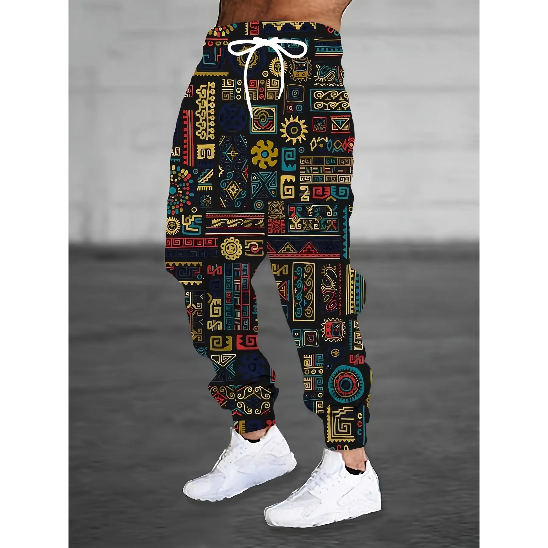 Men's Plus Size Casual Athletic Joggers - Vibrant Geometric Print, Drawstring Waist, Polyester Knit Fabric, Comfortable for Casual Attire, Athletic Leisure Pants |   Casual Sporty Look |   Pocketed Joggers, PLUS SIZE
