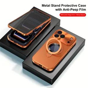 Phone Case: Suitable for iPhone 17 Pro Max Magnetic Full Metal Aluminum Alloy Case, 17 Air Creative Stand Ring Holder Phone Case, Suitable for iPhone 17 Pro Double-Sided Protection, Built-in Privacy Tempered Glass and Alloy Frame, Supports