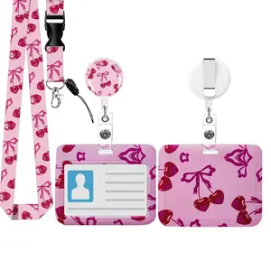 Sweet Cute Cherry ID Badge Holder Set, ID Card Holder, Detachable Lanyard, Retractable Badge Reel, Nurse Teacher Office Gift for Women