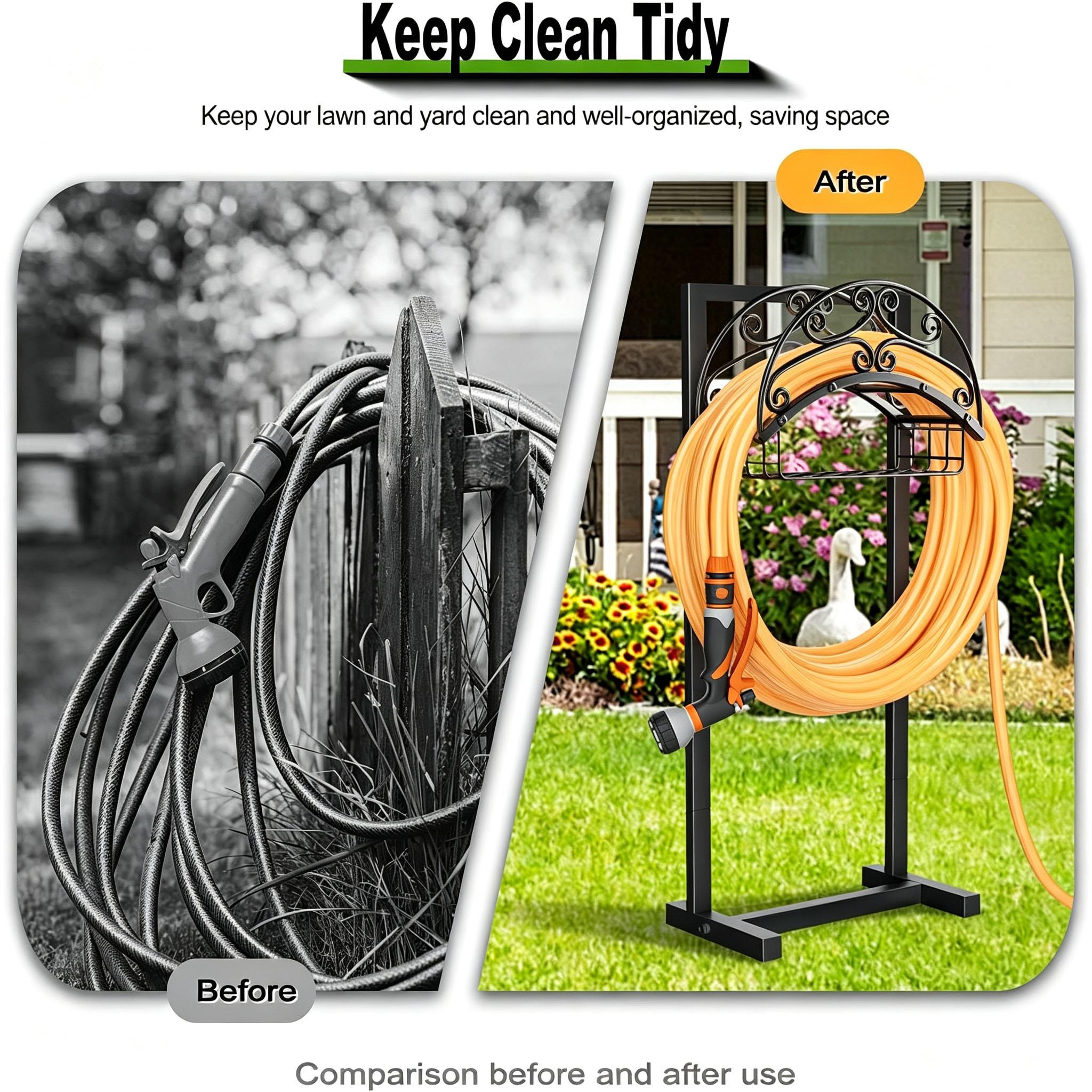 Heavy Duty Freestanding Metal Garden Hose Holder with Detachable Storage Basket, 151ft Capacity, Rustproof Outdoor Organizer Stand for Backyard Lawn that Organizes Water Pipes