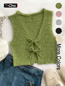 Women's Bow Tie Waist Knit Vest, Casual Fitted Basic Short Outer Vest, Plain Design, Full Placket, Stylish Fashion Top Womenswear