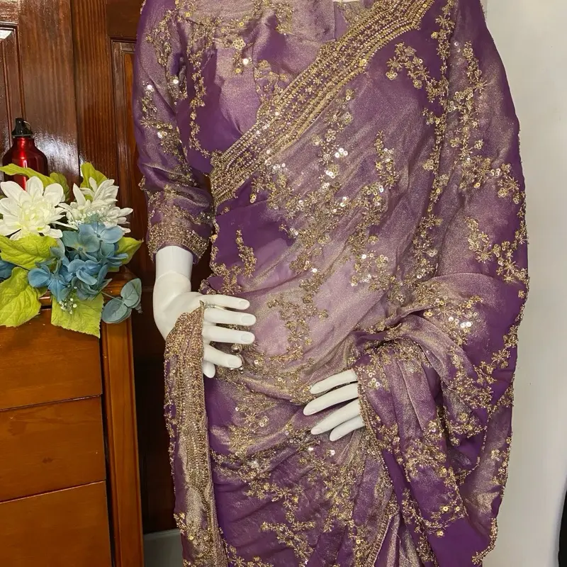 Women's Pure Silk Partywear Saree with Blouse Piece - Handwork Embellished with Shiny Sequins, Original Gold Beads, Formal Festival Wear Accessories, Clothes, Costumes, Embellished With Sequins, All Seasons, Dress, Free Size, Dry Clean, Gold Bead Detail,,
