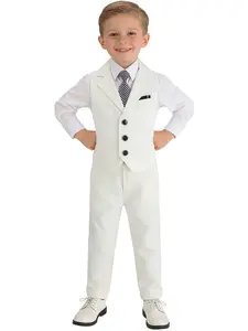 Boys Junior Slim Fit Formal 3-Piece Suit | Lapel Vest, Elastic Waist Pants & Striped Tie | 5 Colors | Sizes 100-150cm | Ideal for Weddings, Parties & Performances | Perfect Gift -20072