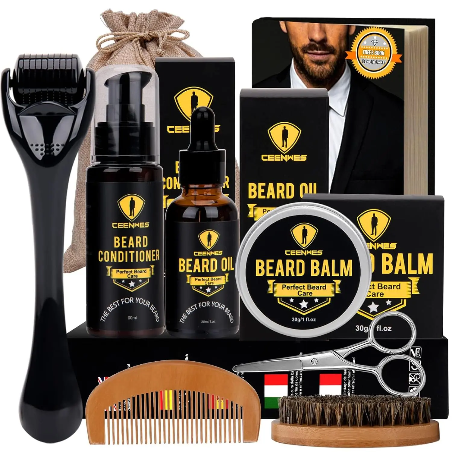 Men's Beard Grooming Kit - Complete Care Set with Oil, Balm, Conditioner, Derma Roller, Boar Bristle Brush, Wood Comb, Trimming Scissors | Fathersdaygift, Dad Gift, Gifts for Boyfriend, Men's Stuff for Routine