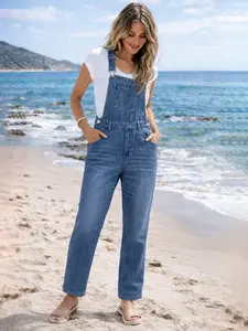 Women's Denim Bib Pants Multi Pocket Overalls Strap Washed Blue Sleeveless Denim Jumpsuit Basic Casual Vacation Daily Versatile Loose Fit Harlan Pants, Spring & Fall Fashion