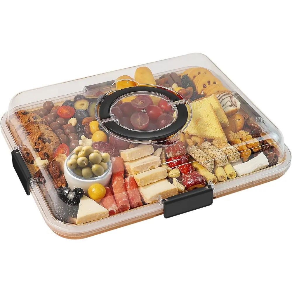 Charcuterie Board with Clear Lid, Travel Portable Cheese Board for Kitchen, Housewarming Gifts for New Home, Gifts for Women (6 Compartments, Black)