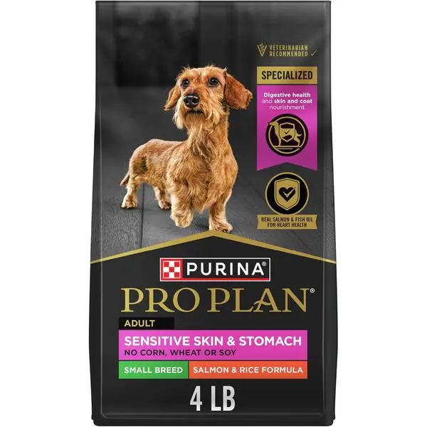 Purina Pro Plan Sensitive Skin and Stomach Dog Food Small Breed, Adult Salmon & Rice Formula - 4 lb. Bag