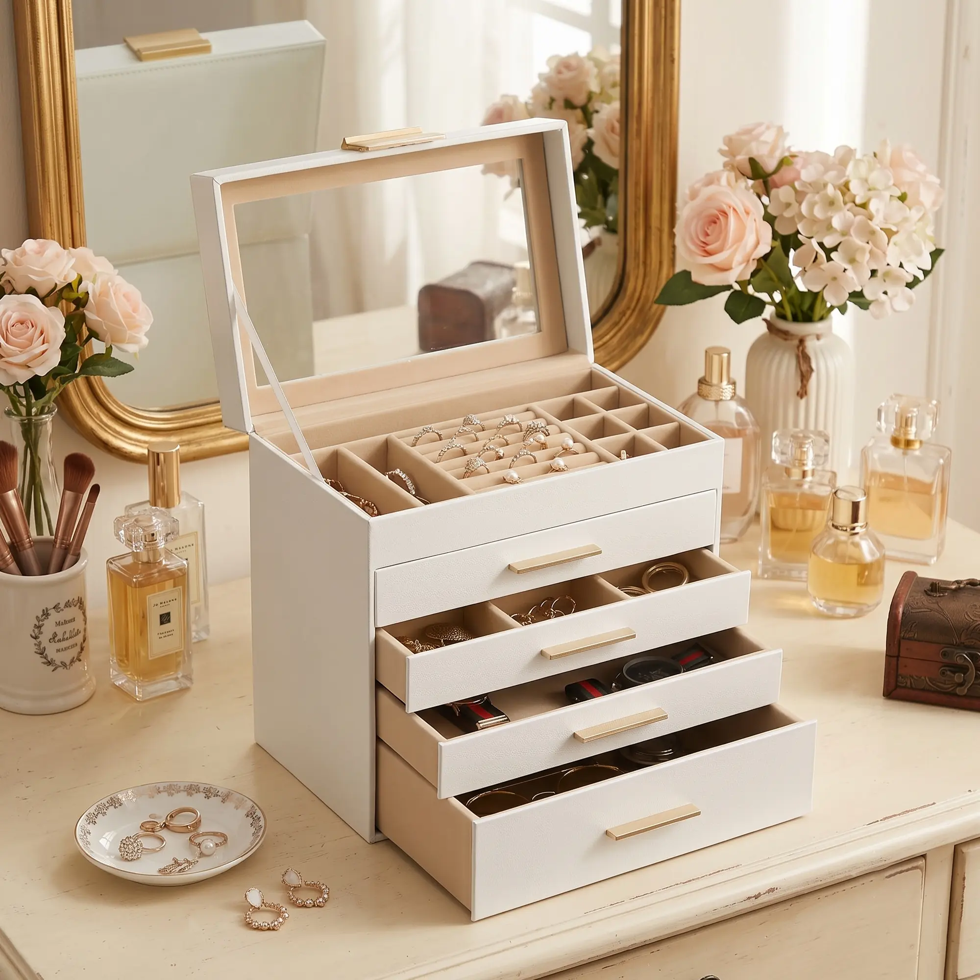 Somduy 5-Layer PU Leather Jewelry Box with Glass Window, Multi-functional storage Organizer Case with Drawers,Accessory Holder with clear lid ，fashion Vanity Decor Gift for Women