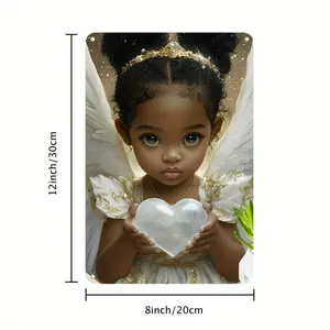 [Elegant Gift] Charming Black Angel 8x12" Metal Wall Art - Vintage Aluminum Sign with Golden Heart & Starry Background, Durable & Fade-Resistant, Easy Hang for Home, Office, Garage, or Garden Decor, Inspirational Wall Decor Decoration Hanging Light