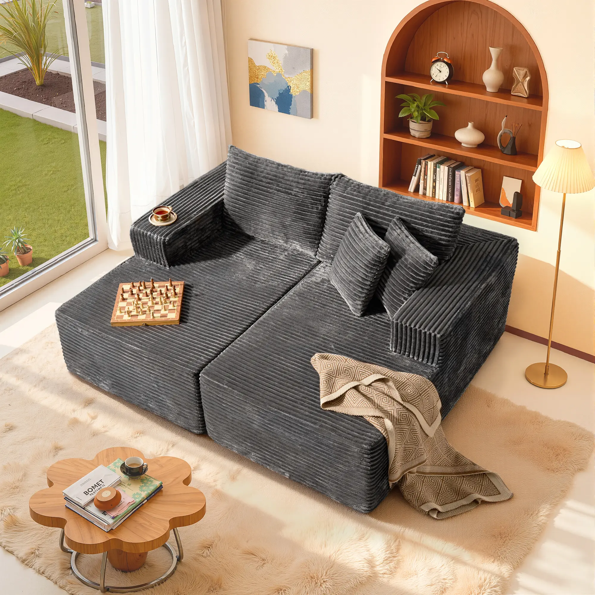 Double Chaise| Grey Plush Corduroy