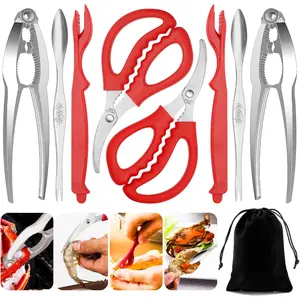 Crab Crackers and Tools, Lobster Crackers and Picks Set, Crab Leg Cracker Tool/Nut Crackers, Stainless Steel Crab Leg Forks, Crawfish Sheller, Scissors & Storage Bag, 9Pcs Tools Set for Seafood Boil