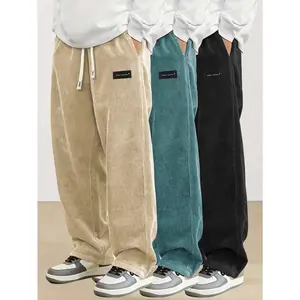 3-piece set of men's wide leg corduroy pants with elastic waist, casual and soft corduroy running pants, loose and comfortable for daily street wear, seasonal fashion pants, breathable and lightweight running pants, wide leg loose fit sports pants