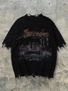 New Summer Autumn European Style Dinner Portrait Pattern Band Rock Punk Ripped High Street Trendy Loose Design Short Sleeve Knit Top