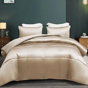 3- Reversible Silky Soft  Comforter Bedding Set, Luxurious Satin Comforters Full Size with 2 Satin Pillowcases, Lightweight Duvet for All Seasons, Champagne