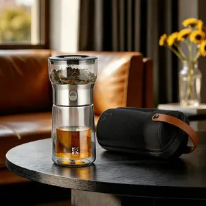 Portable Heat-Resistant Glass Single Tea Cup,One Touch Tea Maker for Loose Tea Diffusers  Insulated Mug and Portable Tea Kits, Home and Travel Gift teacup with infuser case Tea Cup Set