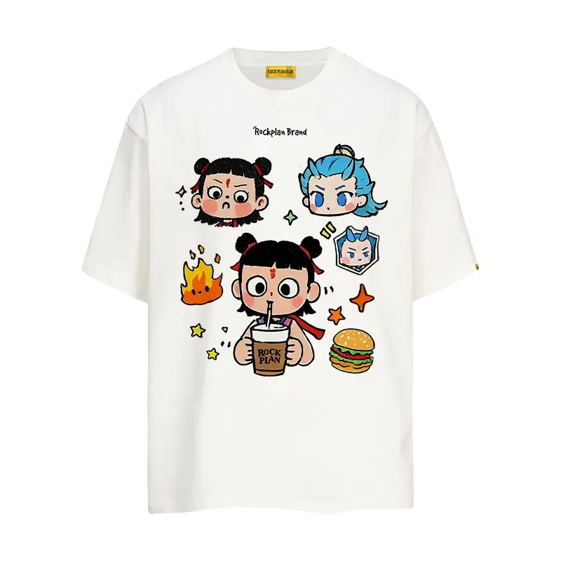 Rockplan pure cotton Nezha and Ao Bing pattern printed short-sleeved high street heavyweight unisex summer American T-shirt  T-shirt of the same style as the movie "Ne Zha Conquers the Sea"
