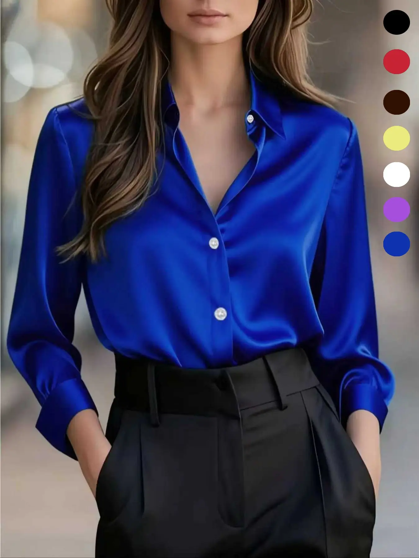 Fashionable Chic Elegant Women's Versatile Smooth Satin Fabric Long-sleeved Fitted Shirt Blouse for Commuting Womenswear Tops