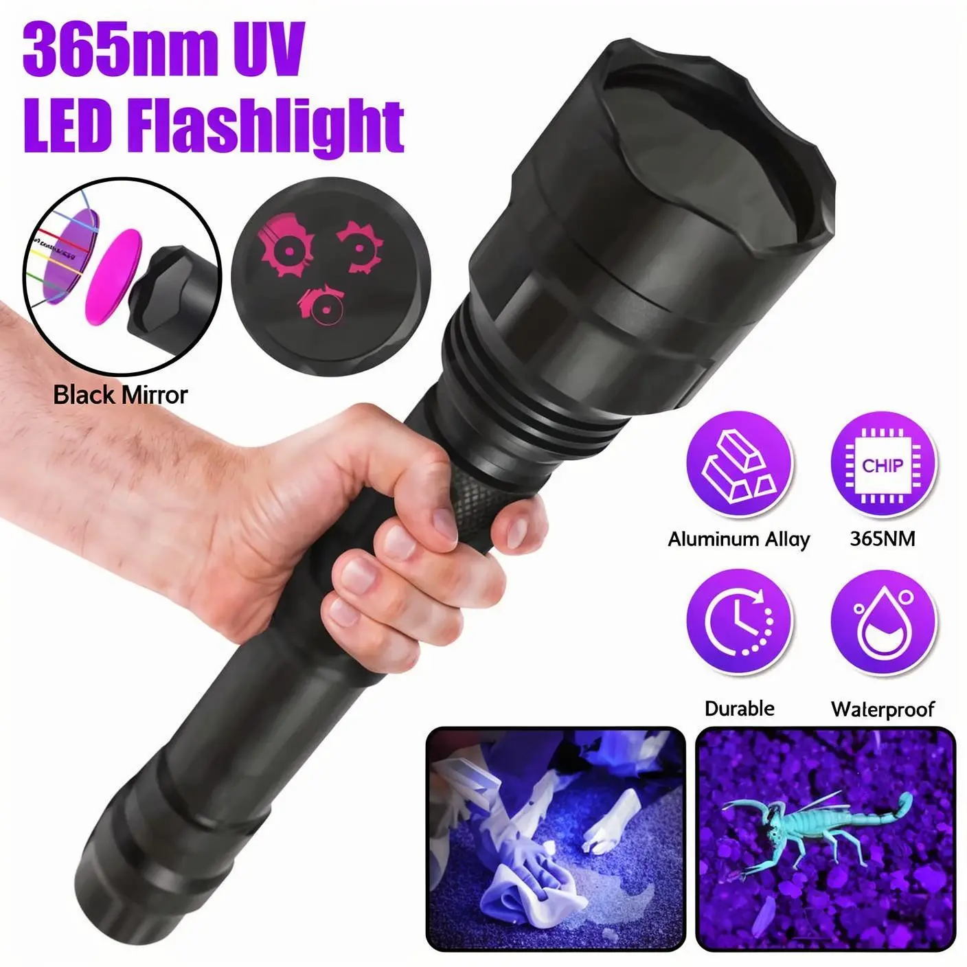 VASTFIRE 365nm 15W High Power UV Handheld High Performance Flashlight, Aluminum Alloy Tool with 200M Fixed-Focus Beam, Tail Press Switch, 2x18650 Batteries for Hydraulic Leak Detection